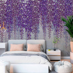 Niestandardowa elegancka fioletowa fototapeta wisteria z betonową teksturą