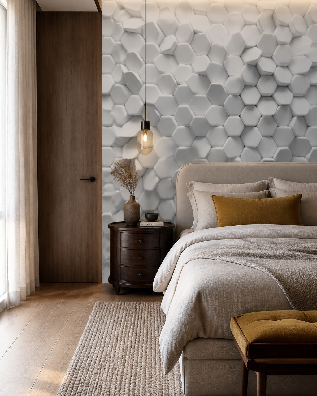 White 3D hexagon wallpaper in a designer bedroom.