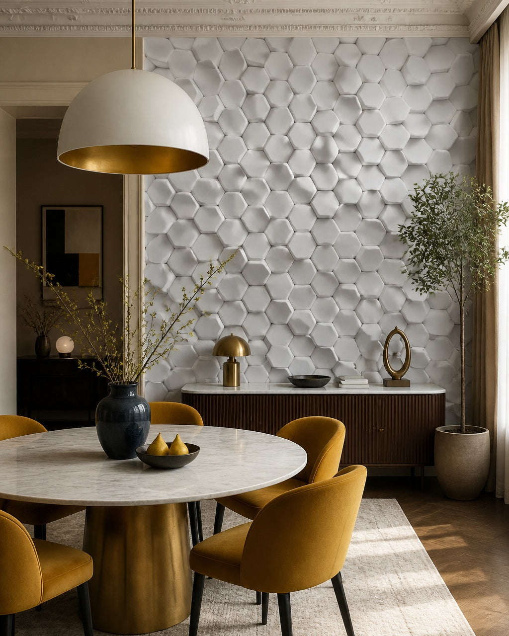 White 3D hexagon wallpaper in a refined dining area.