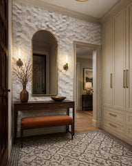 White 3D hexagon wallpaper in a refined foyer.