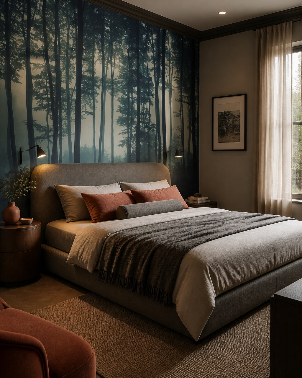 Dark foggy forest wallpaper in a designer bedroom.
