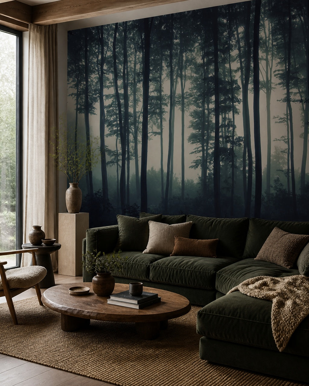 Dark foggy forest wallpaper in a designer living room.