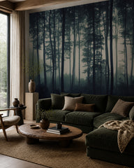Dark foggy forest wallpaper in a designer living room.