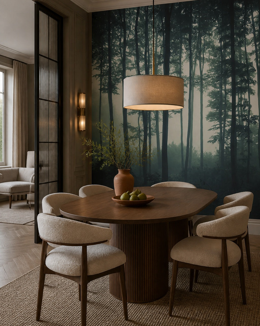 Dark foggy forest wallpaper in a refined dining area.
