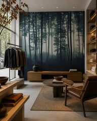 Dark foggy forest wallpaper in a design showroom.