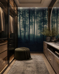 Dark foggy forest wallpaper in a dressing room.