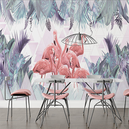 Niestandardowe różowe flamingi rośliny tropikalne fototapeta geometryczna tapeta liść palmy