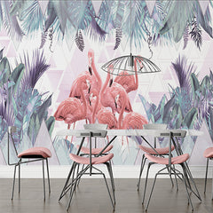 Niestandardowe różowe flamingi rośliny tropikalne fototapeta geometryczna tapeta liść palmy
