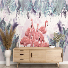 Niestandardowe różowe flamingi rośliny tropikalne fototapeta geometryczna tapeta liść palmy