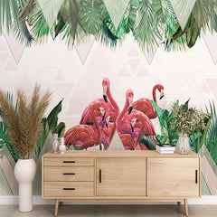 Custom Pink Flamingo Tropical Wall Mural Palm Tree Leaf Geometrical Wallpaper