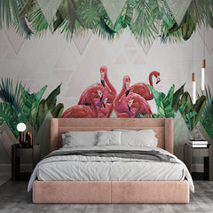 Custom Pink Flamingo Tropical Wall Mural Palm Tree Leaf Geometrical Wallpaper