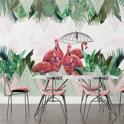 Custom Pink Flamingo Tropical Wall Mural Palm Tree Leaf Geometrical Wallpaper