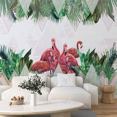 Custom Pink Flamingo Tropical Wall Mural Palm Tree Leaf Geometrical Wallpaper