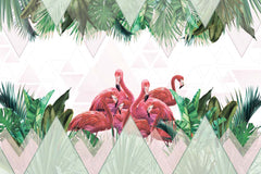 Custom Pink Flamingo Tropical Wall Mural Palm Tree Leaf Geometrical Wallpaper