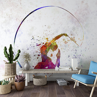 Colorful Watercolor Silhouette of Gymnast with Ribbon Wall Murals