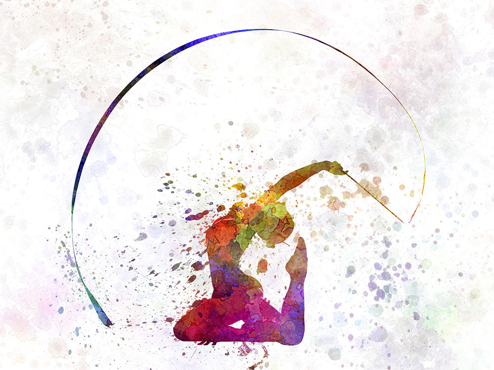 Colorful Watercolor Silhouette of Gymnast with Ribbon Wall Murals