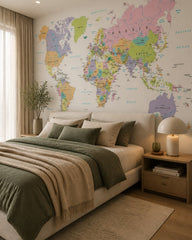 Colorful political world map wallpaper in a designer bedroom.