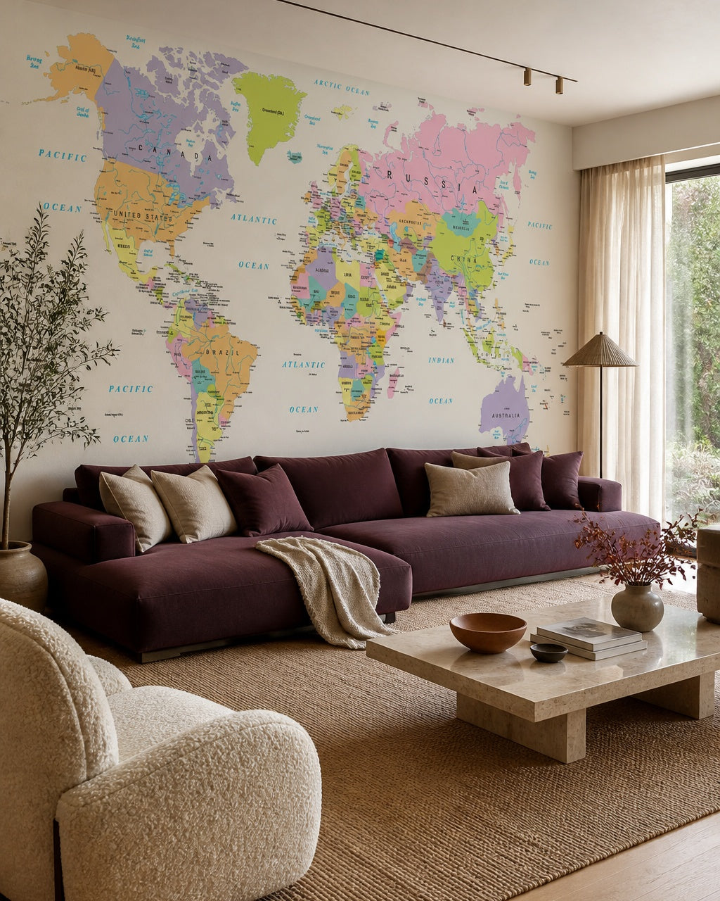 Colorful political world map wallpaper in a designer living room.
