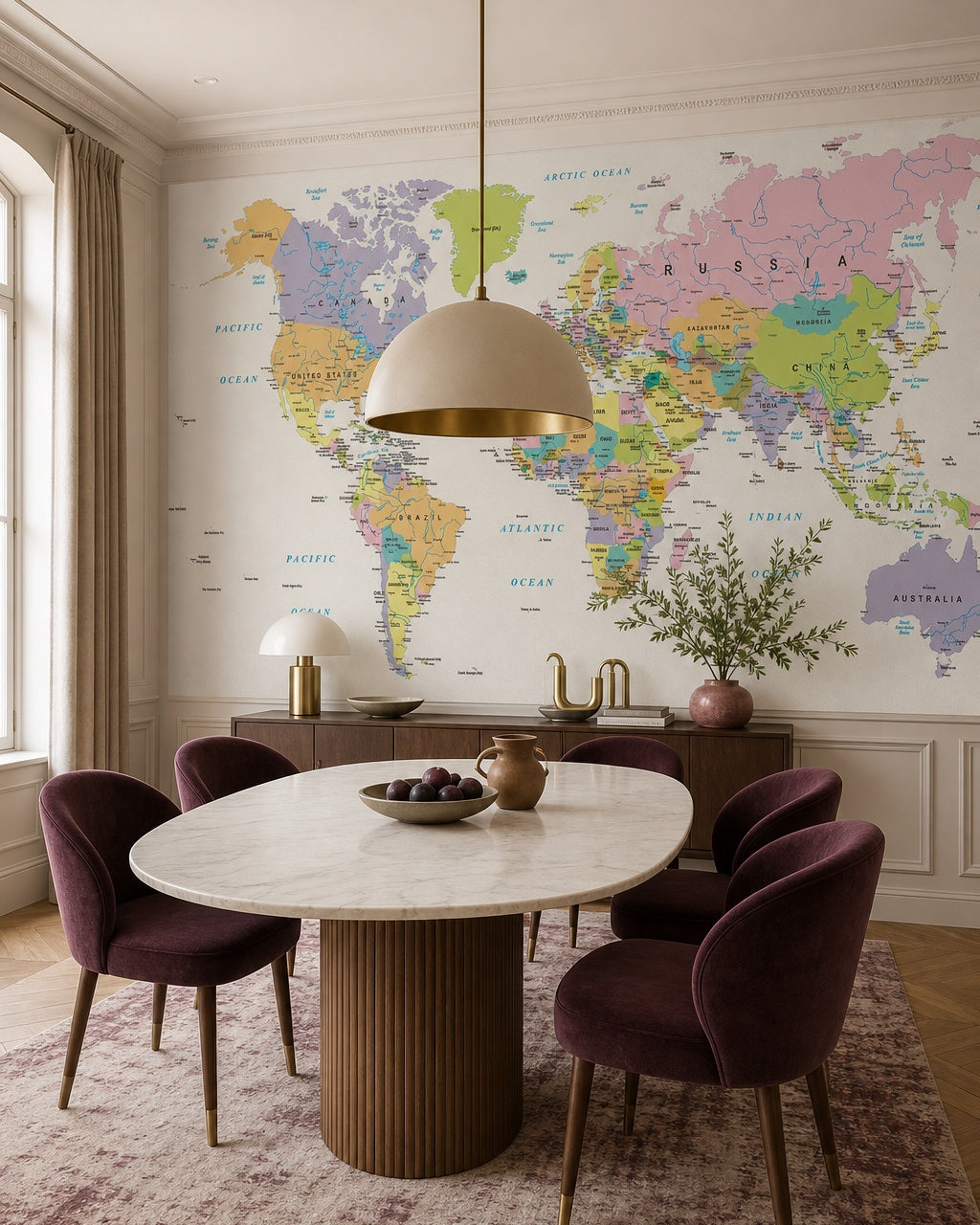 Colorful political world map wallpaper in a refined dining area.