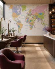 Colorful political world map wallpaper in a beauty salon.