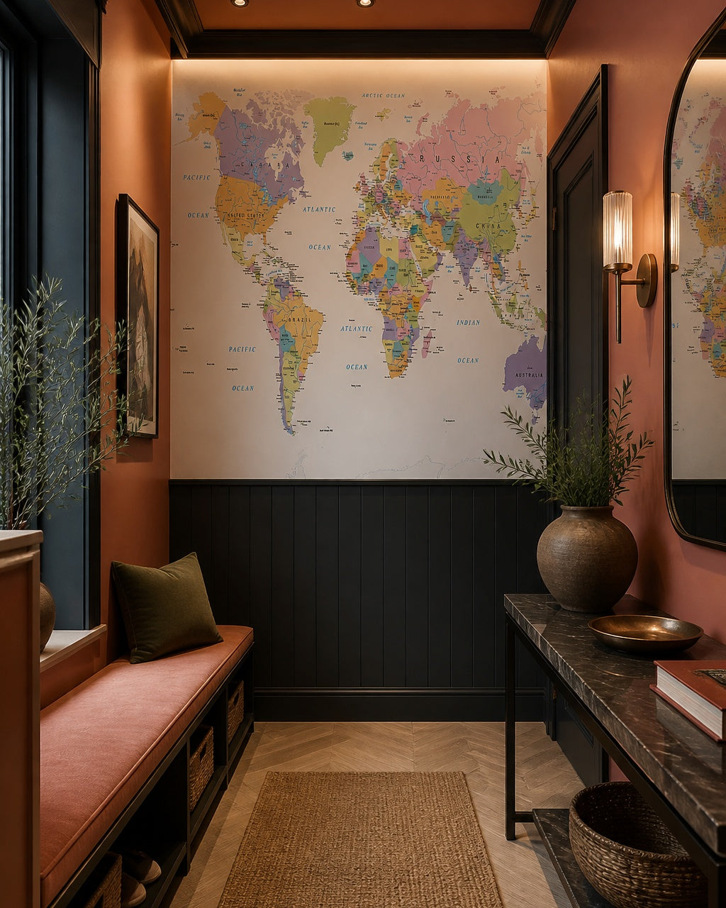 Colorful political world map wallpaper in an architectural hallway.