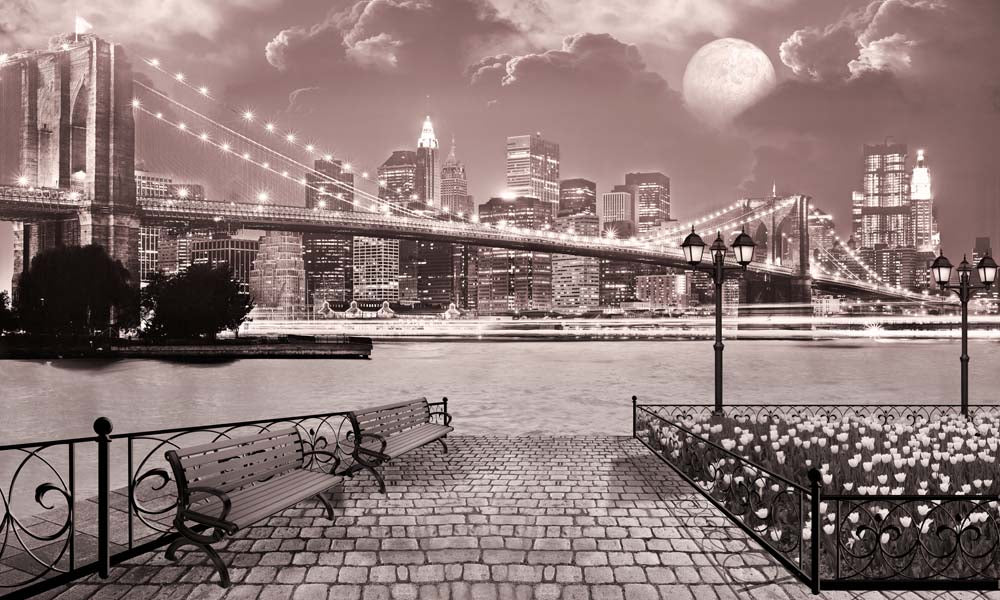 Romantic Nighttime Bridge View Wall Mural - Moonlit Cityscape and Waterfront Park