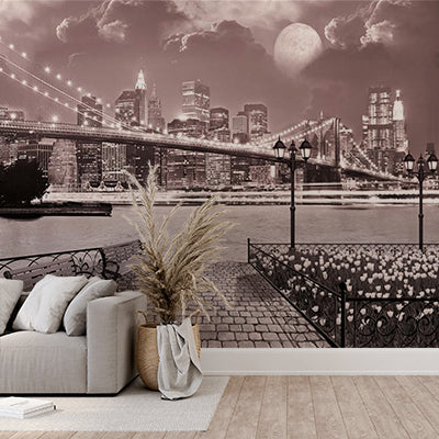 Romantic Nighttime Bridge View Wall Mural - Moonlit Cityscape and Waterfront Park