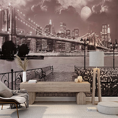 Custom Romantic Nighttime Bridge View Wall Mural - Moonlit Cityscape and Waterfront Park