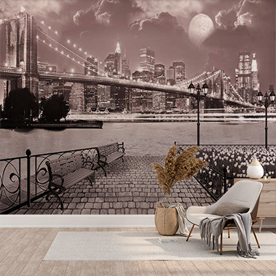 Romantic Nighttime Bridge View Wall Mural - Moonlit Cityscape and Waterfront Park