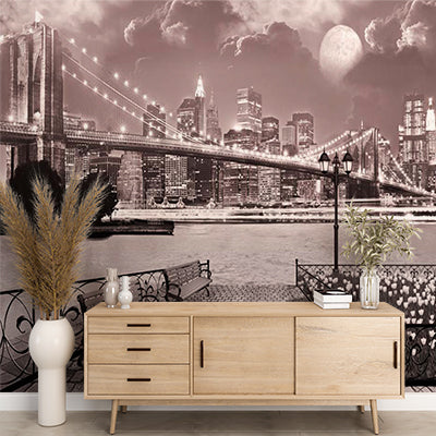 Romantic Nighttime Bridge View Wall Mural - Moonlit Cityscape and Waterfront Park