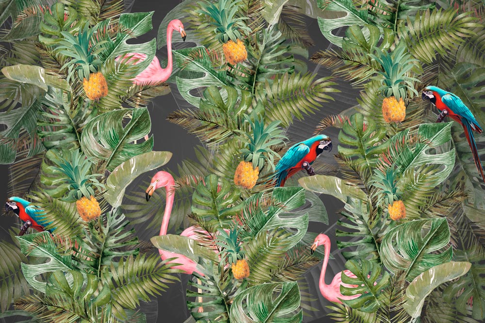 Pink Flamingo and Parrots Tropical Wall Mural Monstera Palm Leaf Wallpaper