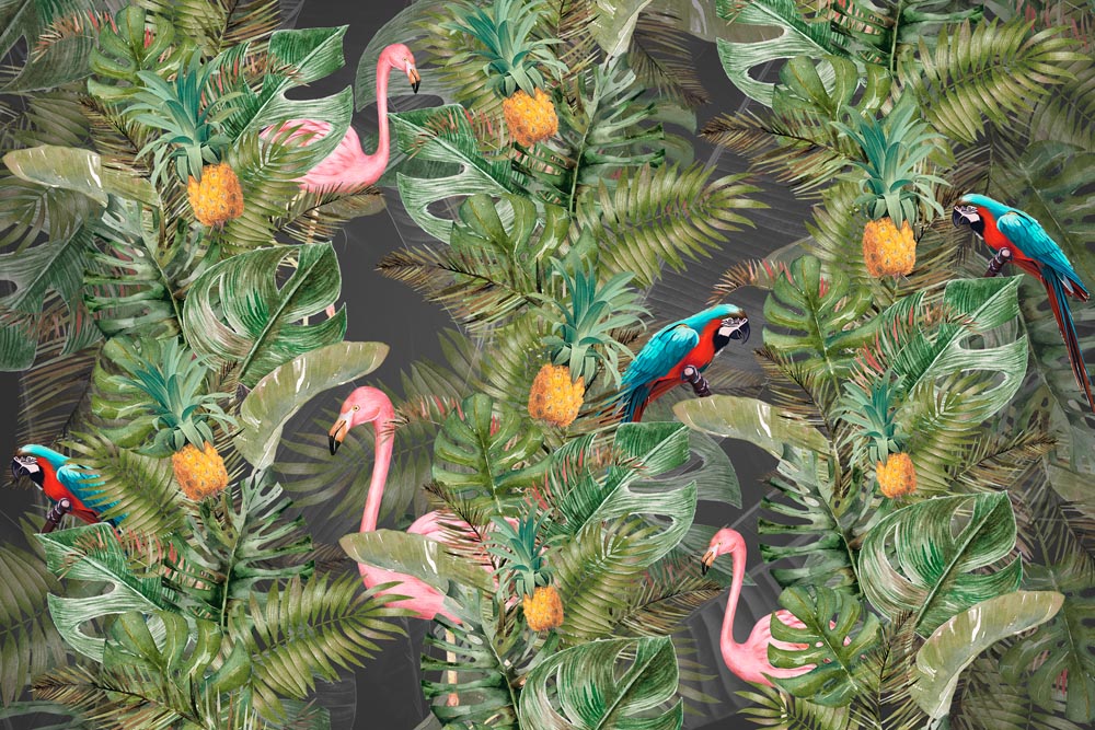 Fototapete Flamingo und Papagei – Dunkler tropischer Dschungel