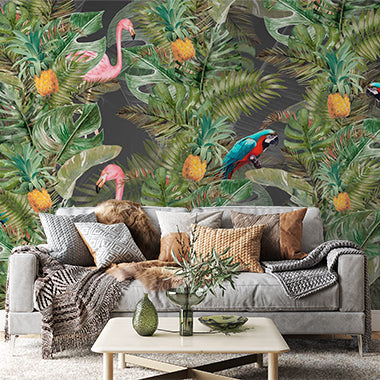 Pink Flamingo and Parrots Tropical Wall Mural Monstera Palm Leaf Wallpaper