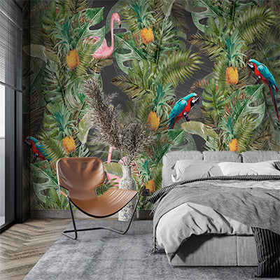 Pink Flamingo and Parrots Tropical Wall Mural Monstera Palm Leaf Wallpaper