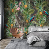 Pink Flamingo and Parrots Tropical Wall Mural Monstera Palm Leaf Wallpaper