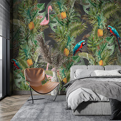 Custom Pink Flamingo and Parrots Tropical Wall Mural Monstera Palm Leaf Wallpaper