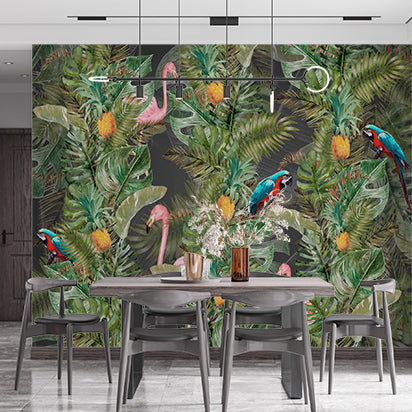 Pink Flamingo and Parrots Tropical Wall Mural Monstera Palm Leaf Wallpaper