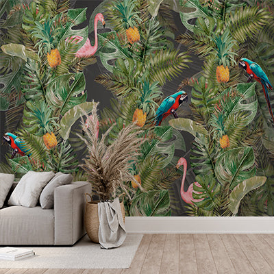 Pink Flamingo and Parrots Tropical Wall Mural Monstera Palm Leaf Wallpaper