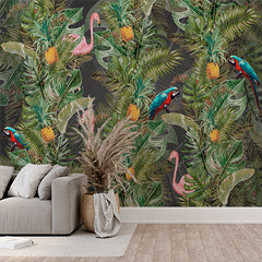 Custom Pink Flamingo and Parrots Tropical Wall Mural Monstera Palm Leaf Wallpaper