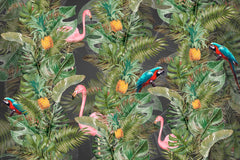 Custom Pink Flamingo and Parrots Tropical Wall Mural Monstera Palm Leaf Wallpaper