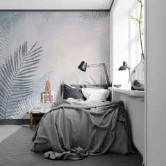 Custom Tropical Palm Leaf Wallpaper Blue White Wall Mural Botanical Decor