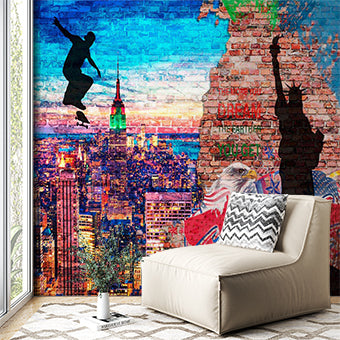 New York City Street Art Wall Mural Wallpaper - Urban Skyline with Skateboarder and Patriotic Symbols