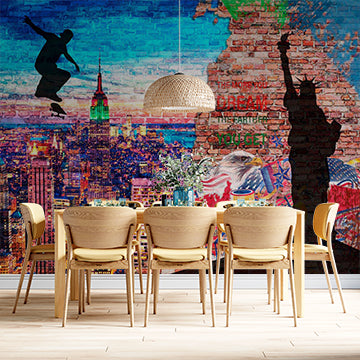 Custom New York City Street Art Wall Mural Wallpaper - Urban Skyline with Skateboarder and Patriotic Symbols