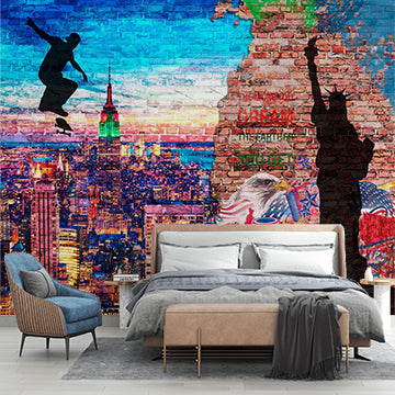 New York City Street Art Wall Mural Wallpaper - Urban Skyline with Skateboarder and Patriotic Symbols