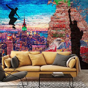 New York City Street Art Wall Mural Wallpaper - Urban Skyline with Skateboarder and Patriotic Symbols