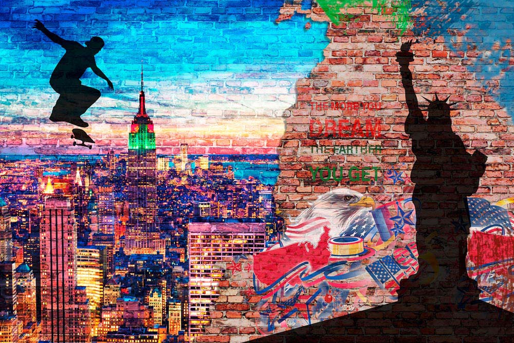 New York City Street Art Wall Mural Wallpaper - Urban Skyline with Skateboarder and Patriotic Symbols