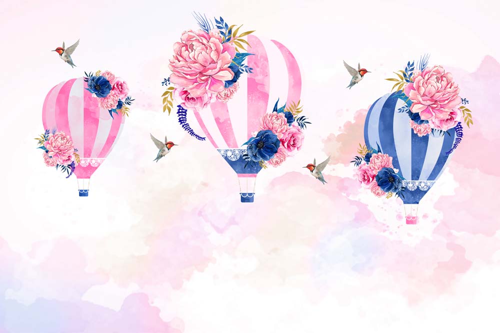 Kids Wall Murals Watercolor Hot Air Balloons Peony Flowers Pink Sky Wallpaper for Girl