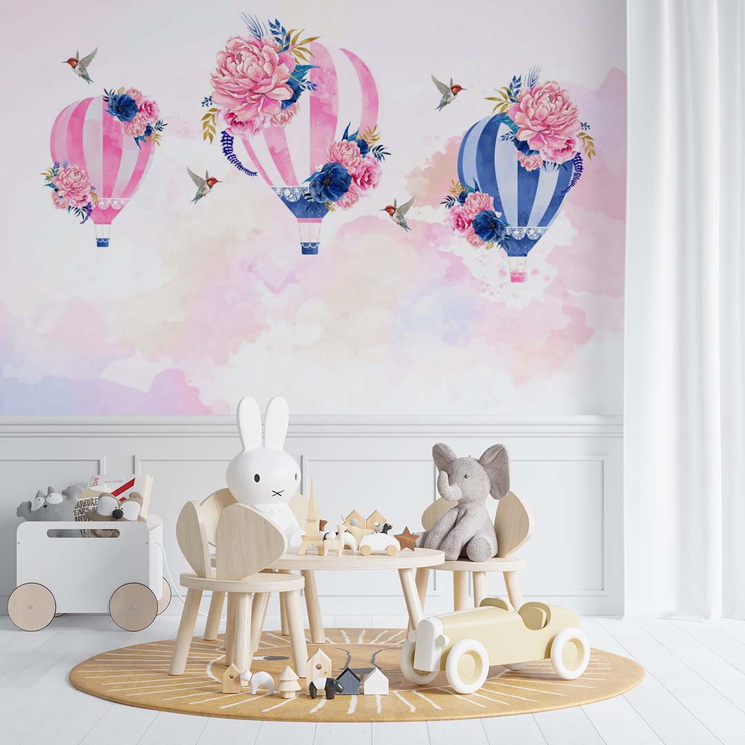 Kids Wall Murals Watercolor Hot Air Balloons Peony Flowers Pink Sky Wallpaper for Girl