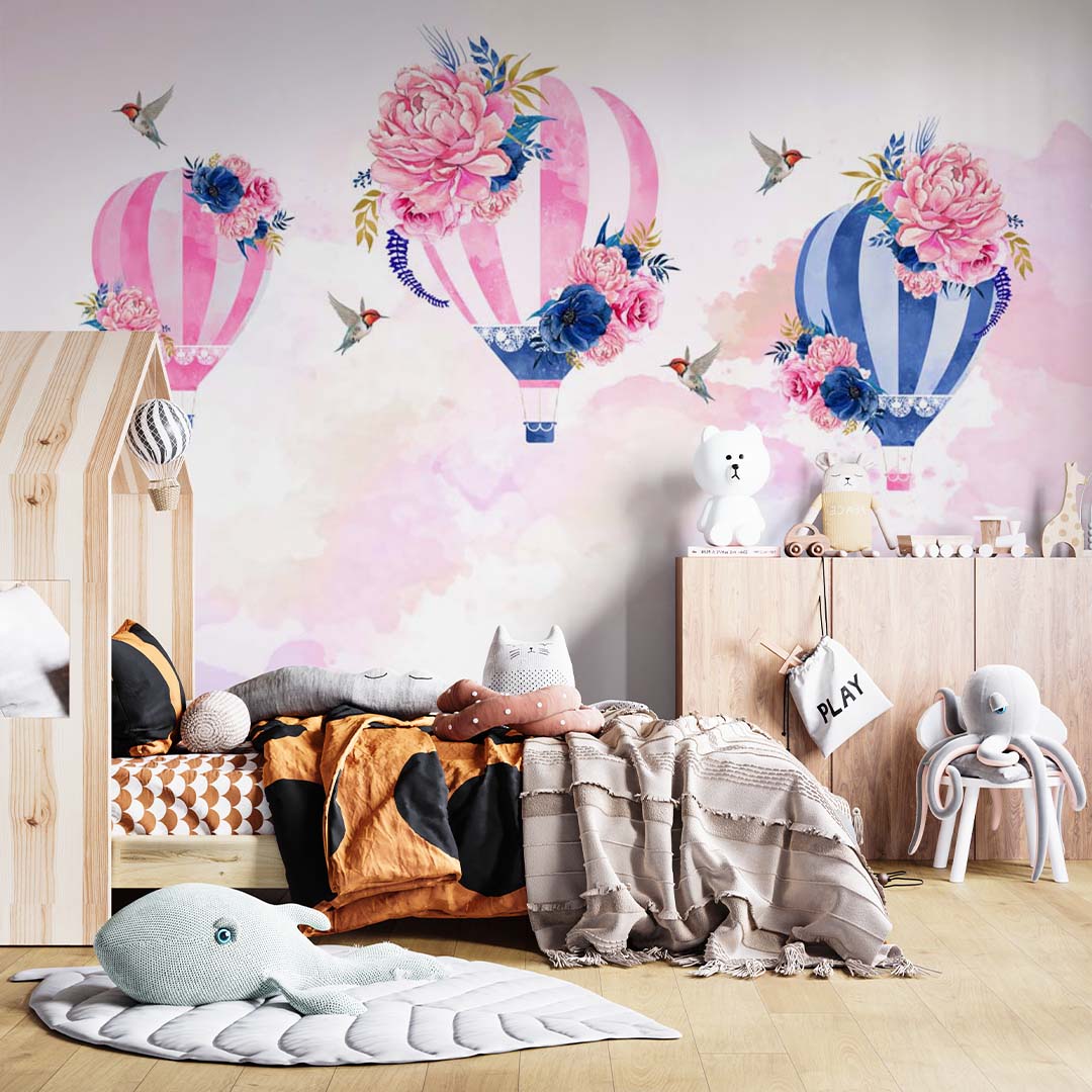 Kids Wall Murals Watercolor Hot Air Balloons Peony Flowers Pink Sky Wallpaper for Girl