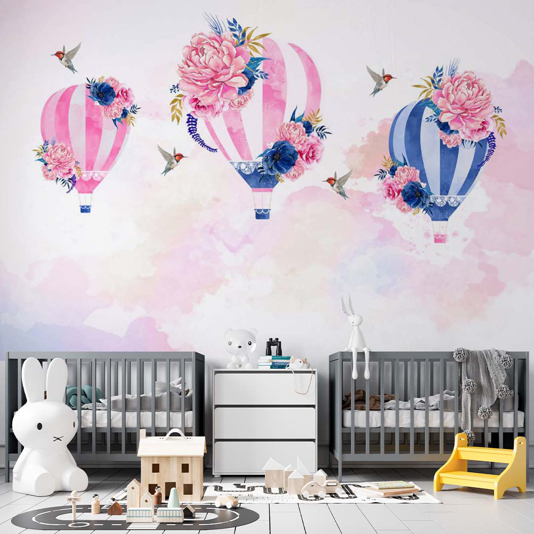 Kids Wall Murals Watercolor Hot Air Balloons Peony Flowers Pink Sky Wallpaper for Girl